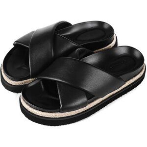 Women's Slip On Open Toe Summer Slides Sandals Criss Cross Decor Black Shoes
